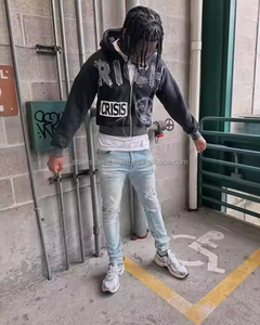 OEM bordado parche estampado 100% algodón polar Sudadera con capucha Estilo Vintage desgastado con cremallera ácido lavado efecto Sudadera con capucha de los hombres - Product Image 4