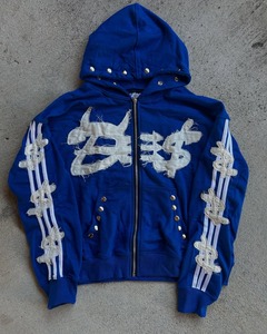 Sudadera con capucha para hombre, ropa de calle personalizada de 500GSM, algodón, diamantes de imitación, lavado con ácido desteñido al sol, parche desgastado, bordado recortado con cremallera - Product Image 1