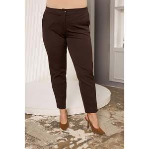 Pantalon en tissu marron grande taille avec taille élastique et mini fentes - Product Image 3