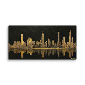 Toile rectangulaire XL Golden Skyline noire et or, paysage urbain, design Art déco contemporain pour salon, encadrée avec cadre en métal - Product Image 5