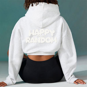 High Quality Custom Puff Print logo Cropped <b>Hoodies</b> Street Style Distressed Bottom Heavyweight Cotton Women <b>Hoodies</b> - Product Image 3