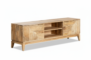 Chevron TV Console with Two Door Storage and <b>Open</b> Shelf in Solid Acacia Wood Light Finish - Product Image 2
