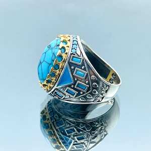 Anillo de piedra ovalada de Plata de Ley 925 para hombre, azul turquesa, tratado térmicamente para regalo de cumpleaños o aniversario, joyería de plata para hombre - Product Image 4