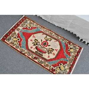 Alfombra turca Vintage de 1,8X3,4 pies, clásica, roja, Beige, área grande, retales de lana, látex, rectángulo abstracto para adolescentes, para pasillo - Product Image 4