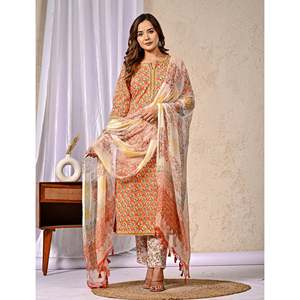 Orange Butta <b>Block</b> <b>Printed</b> Silk Kurta Pant Set Anarkali Indian Style with Salwar for Party Wear Special Occasions Net Fabric - Product Image 5