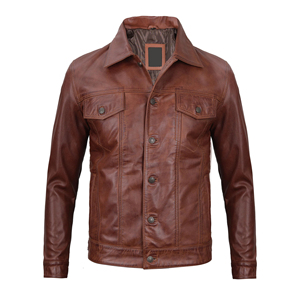 <b>Men's</b> Genuine Leather <b>Jacket</b> Solid Color Stand Collar Casual Winter Style Regular Fit Single Breasted Zipper Closure Breathable - Product Image 5