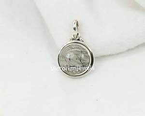 925 Plata de ley sólida abril mes piedra de nacimiento rutilo negro con ajuste de bisel colgante de forma redonda - Product Image 4