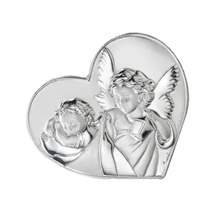 Placa de plata de alta calidad Icono sagrado Ángel farol en forma de corazón con parte posterior de madera Tamaño 8x8 cm con caja de regalo