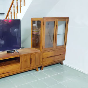 Armoire de rangement basse en teck de style nordique avec portes à pieds coniques avec 2 portes et 4 tiroirs pour salon - Product Image 2