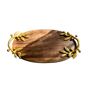 Gran oferta, elegante bandeja de madera Natural, mango de Metal en forma de hoja, bandeja de servicio Floral personalizable para servidor de catering de té - Product Image 2