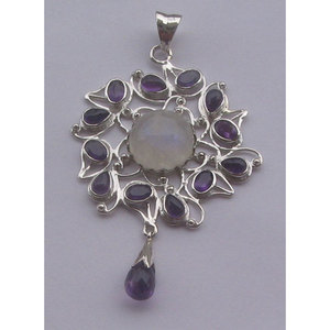Pendentif Shah Gems pour femme en pierre de lune arc-en-ciel naturelle et améthyste, argent sterling 925 avec incrustation sertie clos - Product Image 1