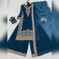 Ensemble Salwar Kameez en Georgette Ethnique Haut de Gamme avec Broderie Intensive, comprenant Haut, Bas et Dupatta, pour Soirée, Longueur Genou, en Matériaux Recyclés, Infroissable