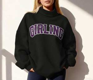 Women's Green Oversized Turtleneck Girling Graphic Sweatshirt <b>Drop</b> Shoulder Long Sleeve Casual Fleece Pullover Loose Fit Soft - Product Image 2