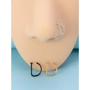 3 unids/set de barras curvas Piercing de nariz falsa en forma de D Tragus Helix Stud pendiente aro tabique anillo fosa nasal joyería del cuerpo