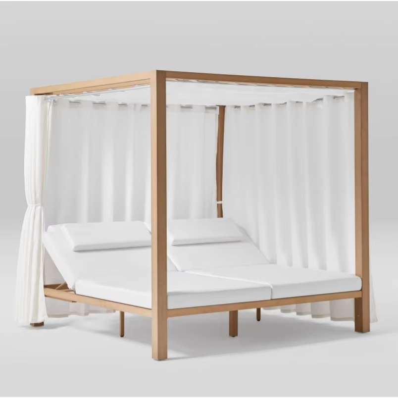 Wooden Chaise Lounge Outdoor Teak Garden Set Teak Canopy Daybed Double Reclining Chaise with Curtains