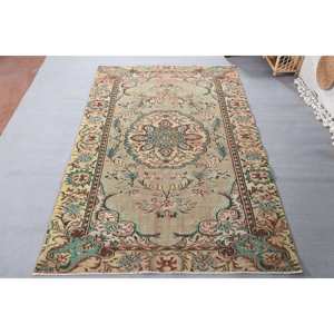 Alfombra turca Vintage Beige Verde 5,7X9,1 FT Tejido plano de lana con patrón de retazos para decoraciones de sala de estar - Product Image 5