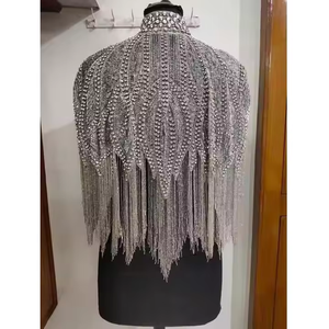 Elegante Blusa Corta Vintage para Eventos, Talla Grande, Cómoda, Primavera/Otoño, Estilo Poncho, Cuello en V, Media Lentejuelas, Cuentas Geométricas - Product Image 3