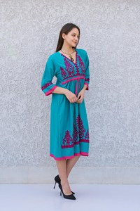 Attrayant Boho Style Broderie Maxi Robe 100% Coton 3/4 Manches Genou Longueur Taille Naturelle Tissé Dames Maxi Robe - Product Image 4