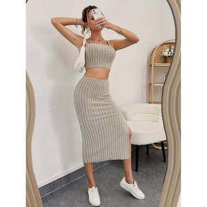 Ensemble Corset Côtelé et Jupe Midi Courte à Bretelles Sans Manches avec Fente pour Femme, 35420 - Beige - Product Image 2