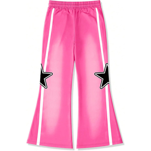 Pantalon de survêtement évasé rose avec rayures latérales blanches personnalisées et patchs étoiles noires audacieuses Pantalon de survêtement décontracté en molleton 100% coton - Product Image 2