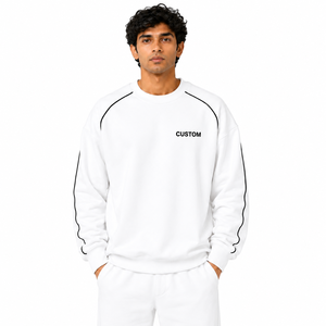 Sudadera de Forro Polar Blanca con Cuello Redondo para Hombre, Ribete Negro, Manga Larga, Corte Holgado, Ropa Urbana de Invierno, Logotipo Personalizado, Fabricante OEM - Product Image 1