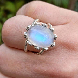 925 Sterling Silver Rainbow Moonstone Women's Handmade <b>Statement</b> <b>Ring</b> Boho Hippie Style Gift with Rhodium Plating - Product Image 4