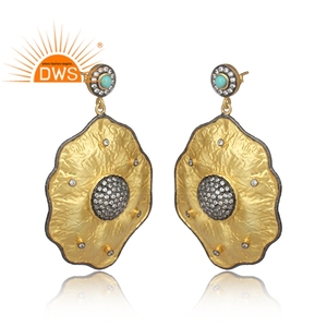 Boucles d'oreilles pendantes en argent sterling plaqué or 18 carats avec pierres précieuses CZ et turquoise d'Arizona, fabrication de bijoux semi-fins - Product Image 2