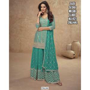 Costume Sharara Plazo avec dupatta à franges, col rond, manches trois quarts, longue robe ethnique Anarkali, costume de mariage Punjabi brodé - Product Image 3