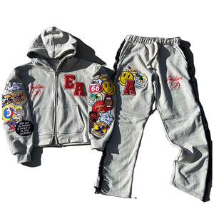 Conjunto de 2 Piezas de Ropa Deportiva de Punto con Logotipo Bordado Personalizado, Pantalones Deportivos Anchos con Capucha, Transpirables y de Felpa - Product Image 1