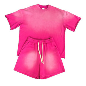 Ensemble d'été actif deux pièces pour hommes Sweat respirant lavé à la pierre et à l'acide avec logo personnalisé Col ras du cou Ensembles courts imprimés décontractés bon marché - Product Image 3