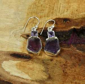 Pendientes de gancho de amatista en bruto Plata de ley Joyas de dos piedras Piedras preciosas naturales perfectas para regalo - Product Image 4