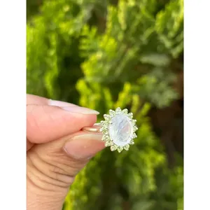 925 Platinum Oval Cut Natural Stone Gemstone <b>Ring</b> with Moonstone Peridot for Engagement Geometric Geometry Design IGI Certified - Product Image 2