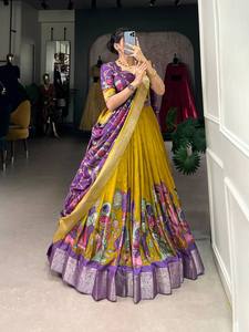 Lehenga Choli Tradicional de Seda Dola Kalamkari Amarillo Mostaza, Estilo Audaz y Herencia, Largo hasta el Suelo, Secado Rápido, Especial para Festivales - Product Image 5