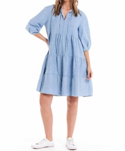 Casual Denim Gathered Tiered <b>Skirt</b> Women Dress Split V-Neck with Neckties Elbow-Length Sleeves with <b>Elastic</b> Cuff A-Line Solid - Product Image 4