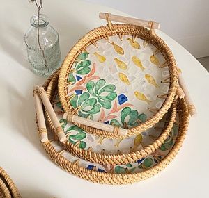 친환경 보헤미안 수공예 천연 라탄 조개 다용도 케이크 빵 피크닉 보관 서비스 트레이 고급 모던 - Product Image 2