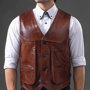 Chaleco de cuero genuino para hombre, capa superior, piel de vaca, múltiples bolsillos, Delgado, de talla grande, ecológico, invierno, sólido, Retro - Product Image 3