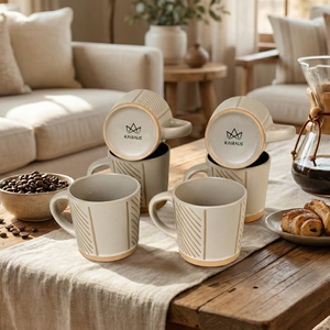 ชุดแก้วกาแฟเซรามิกสโตนแวร์สีเบจสไตล์วินเทจ 6 ใบ ความจุ 200 มล. ใช้กับเครื่องล้างจานและไมโครเวฟได้ ดีไซน์เรียบง่าย - Product Image 1