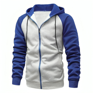 Sweat-shirt à capuche zippé pour homme, couleur unie, manches raglan, coupe décontractée, bleu et blanc, coupe classique, saison automne, coton French Terry - Product Image 1