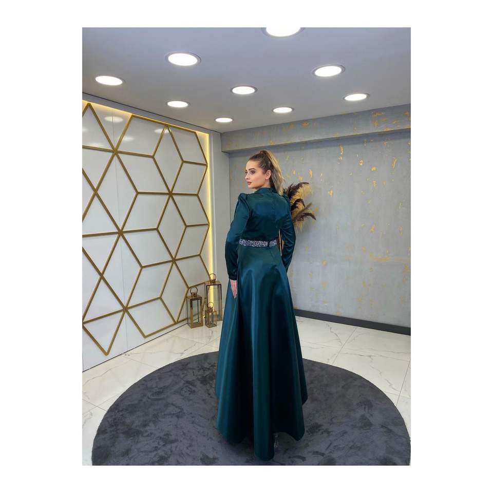 Satin Stone Belted Evening Dress