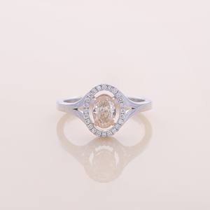 IGI Certified Oval Peach Diamond Halo Engagement <b>Ring</b> with <b>Split</b> Shank in 14K White / Rose & Yellow Gold - Product Image 1