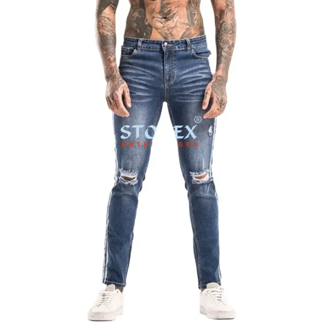 2023 nouveau gros tout nouveau blanc rayures déchiré Denim Slim Fit porter Jeans tissus en vrac pour hommes