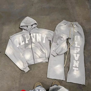 ชุดวอร์มสไตล์วินเทจสำหรับผู้ชายชุดวอร์มปักลายผ้าปะติด400GSM ซักแบบแห้งกรดออกแบบได้ตามต้องการ - Product Image 5