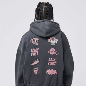 เสื้อมีซิปด้านหน้ามีฮู้ดโอเวอร์ไซส์ผ้าโพลีเอสเตอร์20% ผ้าฝ้าย80% มีกระเป๋าด้านหน้าตกไหล่มีกระดุมข้อมือสีดำพองสำหรับฤดูหนาว - Product Image 3