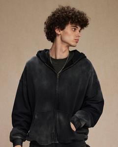 Sudadera con capucha y cremallera 100% algodón French Terry Vintage logotipo personalizado de gran tamaño lavado con ácido de piedra chaqueta con capucha desgastada para hombres - Product Image 6