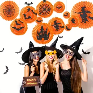 Halloween Party Decoration Set Happy Halloween Party Supplies Orange and Black Paper Fans