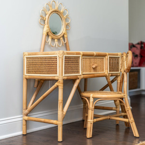 Meubles de chambre d'enfant, tables à coiffer en rotin avec miroir, table à coiffer en rotin faite à la main avec miroir et tabouret - Product Image 6