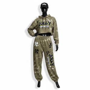 Ensemble de survêtement pour femmes de qualité supérieure, tissu en molleton lourd 320GSM, lavage à l'eau de Javel olive, avec logo imprimé sur écran personnalisé, survêtements grande taille - Product Image 1