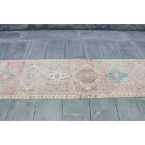 Turkish Vintage <b>Runner</b> Rug 2.3x11.3 ft, Pink <b>Green</b> Moroccan Wool Rug - Product Image 4