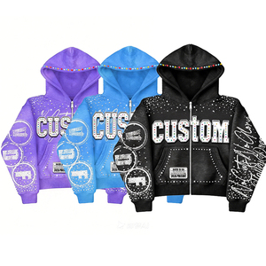 Sweat à capuche personnalisé en coton <span class=keywords><strong>100</strong></span>% avec broderie et appliqué en strass, style streetwear, fermeture éclair, effet délavé vintage - Product Image 1