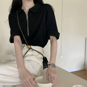 Loose-fitting <b>women's</b> polo <b>shirt</b>, <b>black</b> <b>women's</b> polo <b>shirt</b> with soft cotton honeycomb and zipper 2025 - Product Image 3